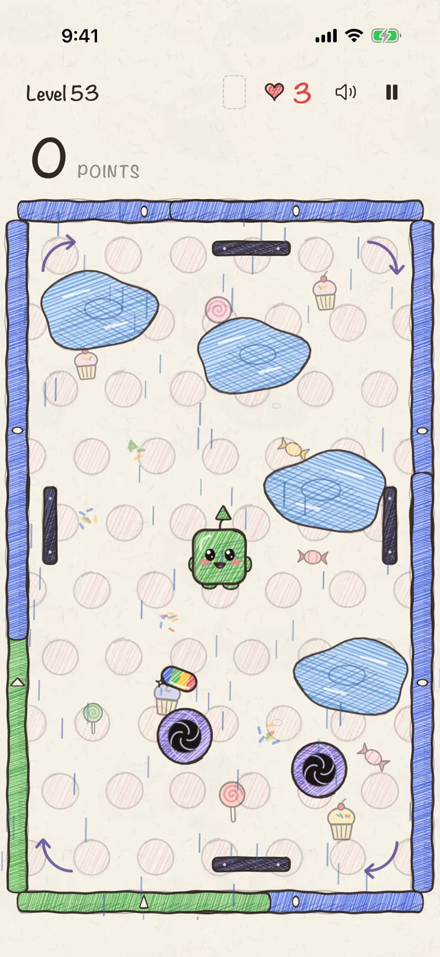 A candy land board with rain puddles, portals and blockers in front of the gates.