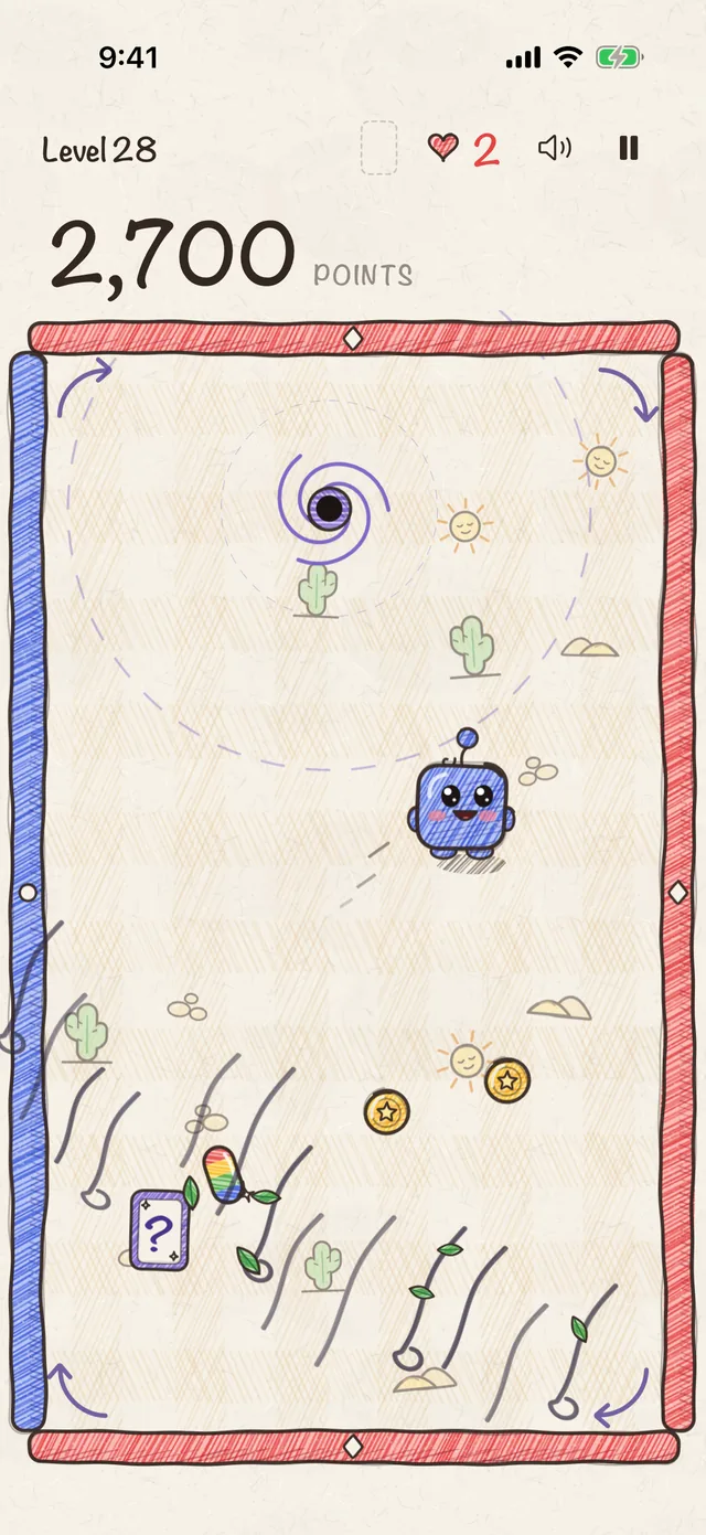 The blue square curving past a gravity well on a desert board, with wind blowing across it.