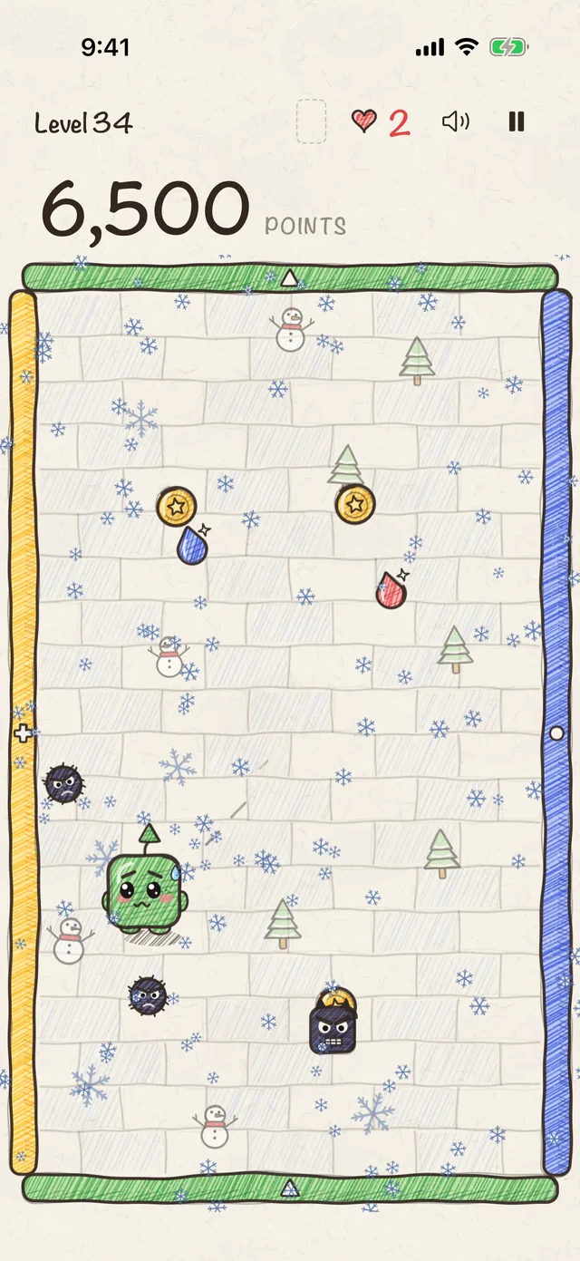 A snowy board with ice patches, snowmen and falling snow.