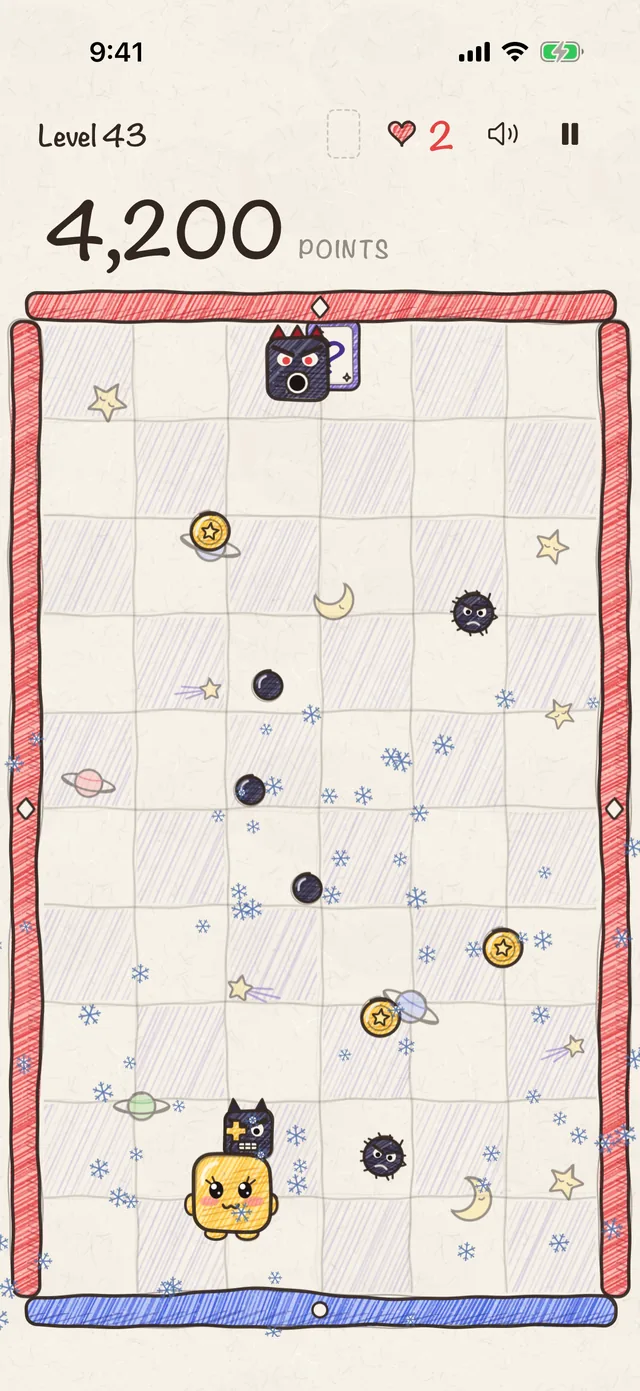 A space board where the Evil Square fires cannonballs at the yellow square.