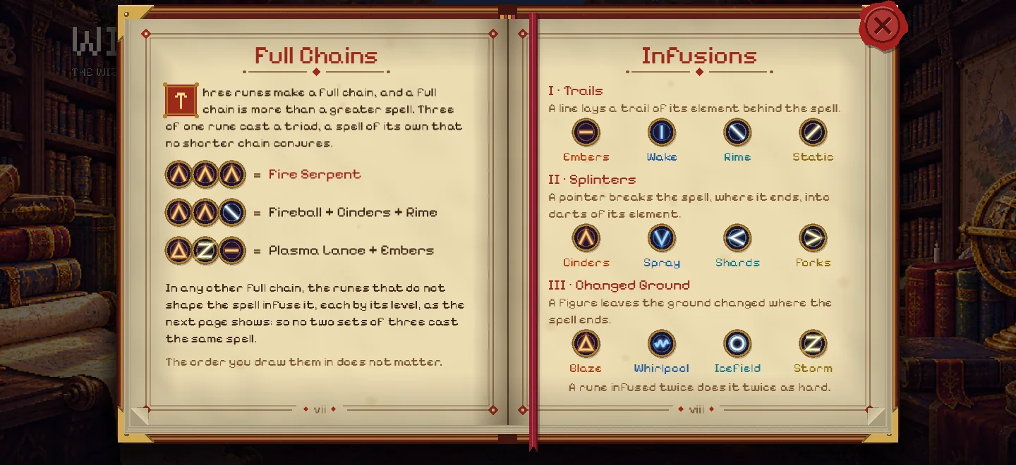 The spellbook open over the study, at the pages on Full Chains and Infusions, with rune seals drawn on parchment.