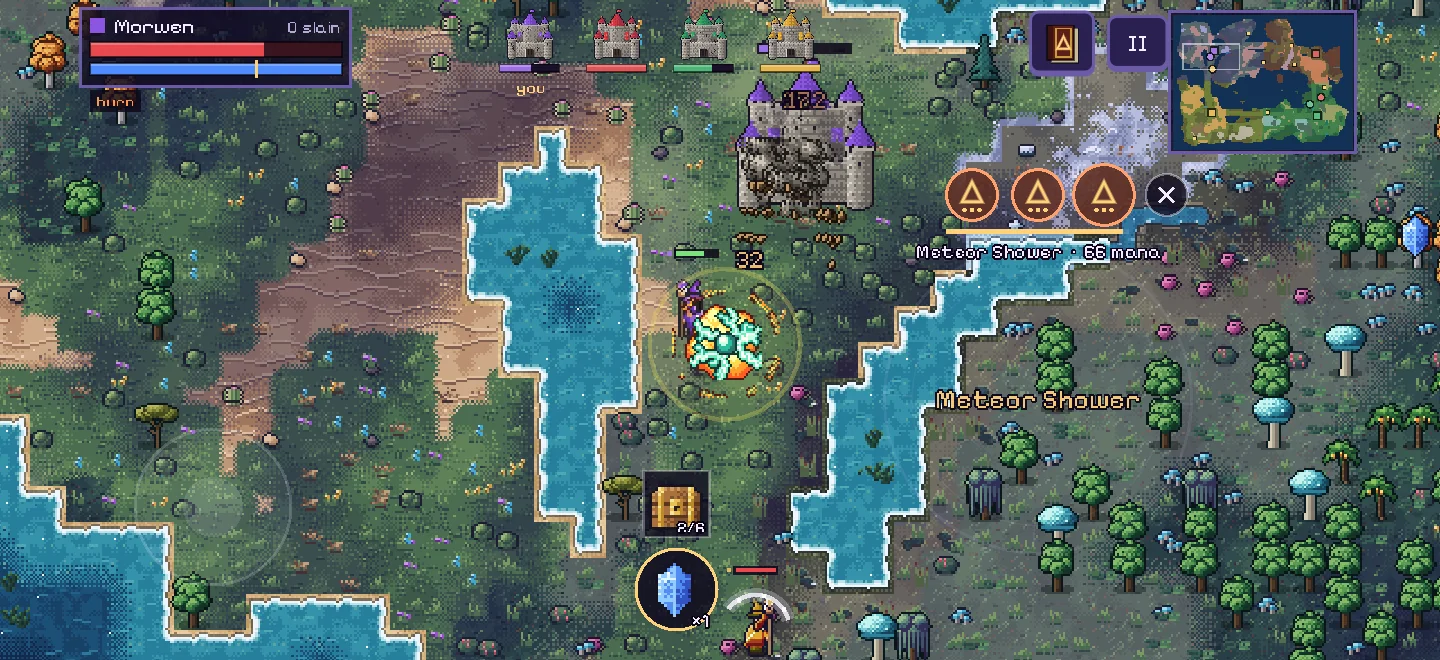 Three Meteor runes readied on the casting pad, labelled Meteor Shower, 66 mana, with the violet castle under attack nearby.