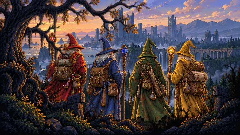 Four wizards in red, blue, green and yellow robes on a forest ridge at dawn, looking out over ancient ruins by the sea.