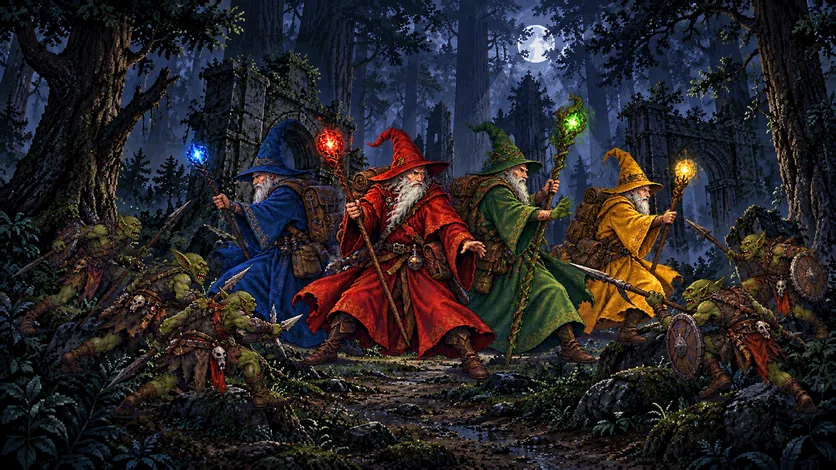 Goblins with blades and shields swarming out of a dark forest of ruined pillars.