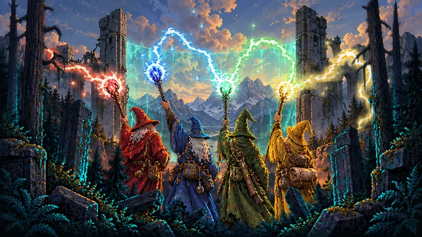 The four wizards raising their staffs as red, blue, green and yellow lightning joins into a shimmering turquoise veil between ruined pillars.