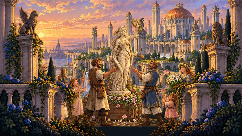 Townspeople bringing flowers to a marble statue on a plaza, before a golden city of domes and towers at sunset.