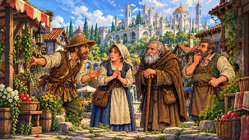 A worried crowd in a market square: a farmer points toward the woods while a woman and two old men listen.