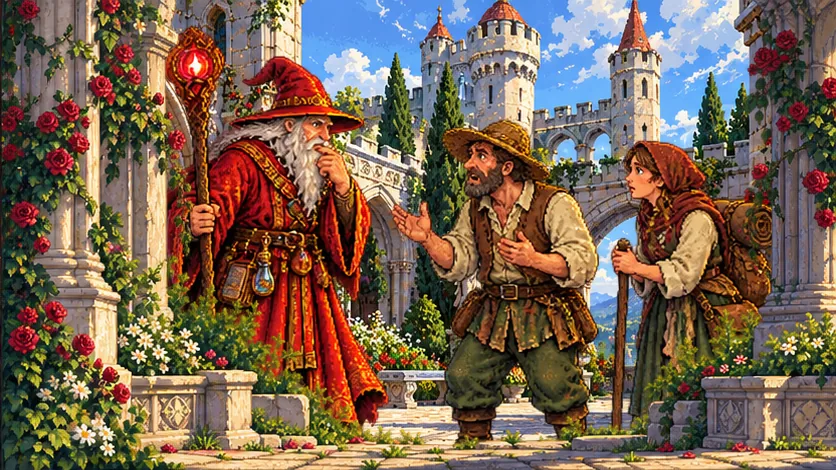 The red wizard, stroking his beard, listening to a farmer and a woman in a castle courtyard full of roses.