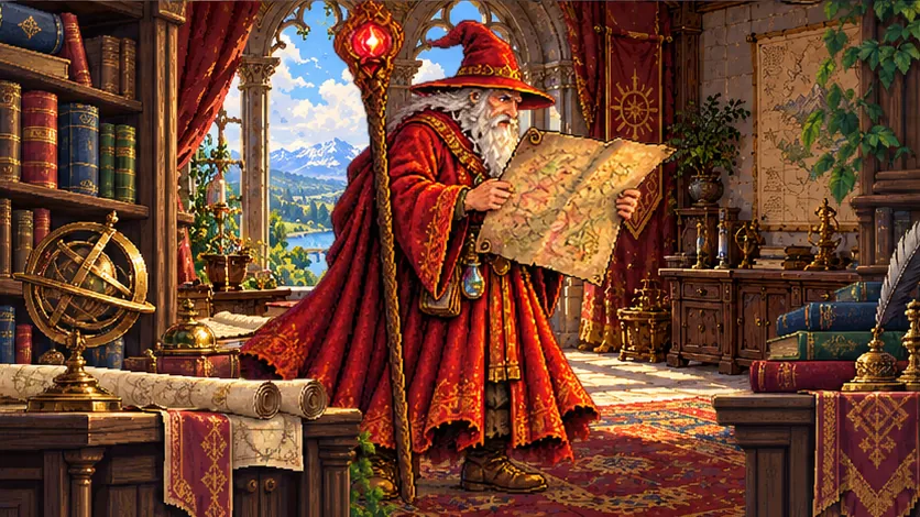 The red wizard alone in his study, reading an old map by the window, an astrolabe beside him.