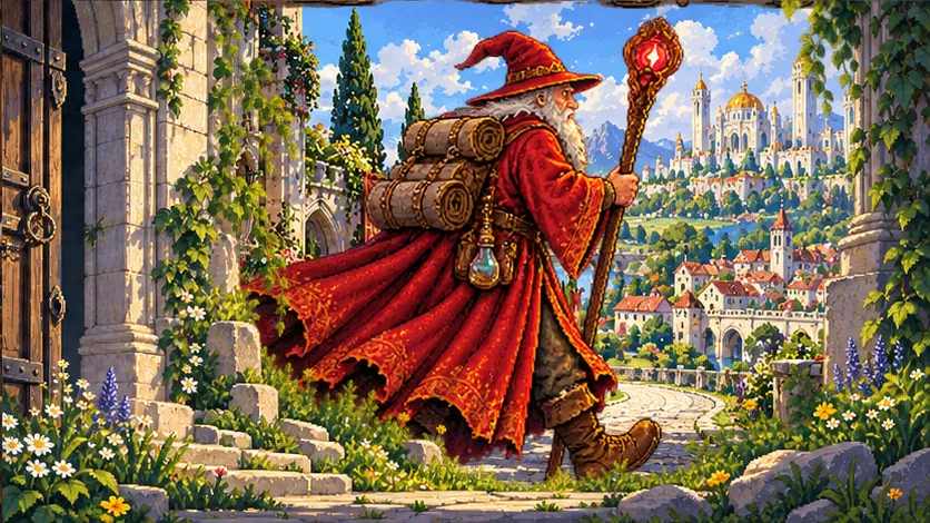 The red wizard striding out of his castle gate with a pack on his back, the town and its white towers below in the sun.
