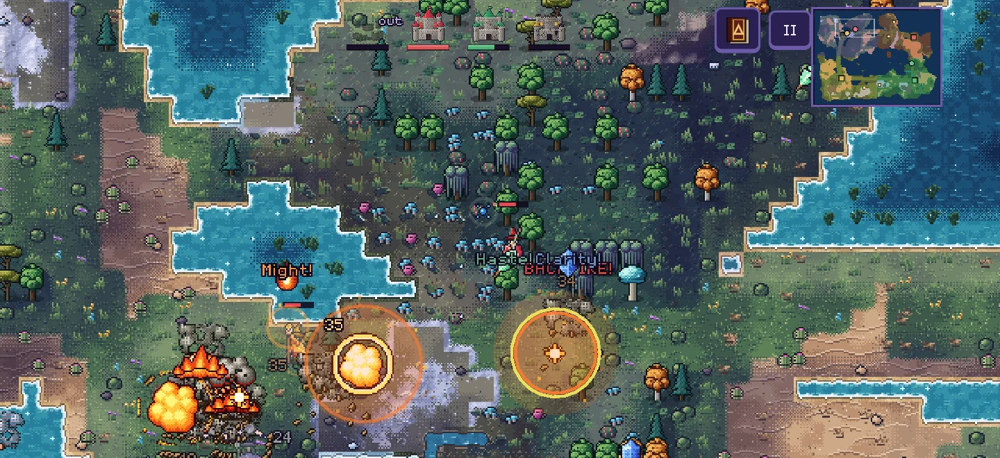 Four AI wizards in the thick of a battle: meteors bursting in flame among them, damage numbers flying, and Might! and Haste! as they take power-ups.