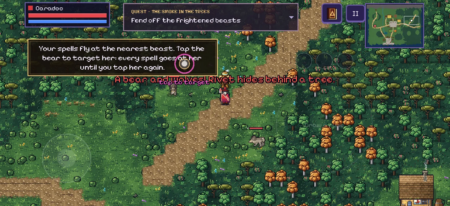 A forest track in the Greywood, a magenta targeting rune over a bear, and a lesson card: tap the bear to target her.