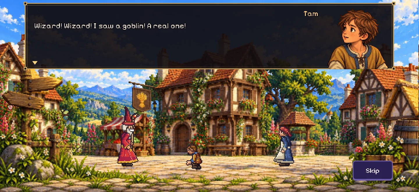 Millbrook's square, painted: Tam runs up to Caradoc, his portrait over the line Wizard! Wizard! I saw a goblin! A real one!
