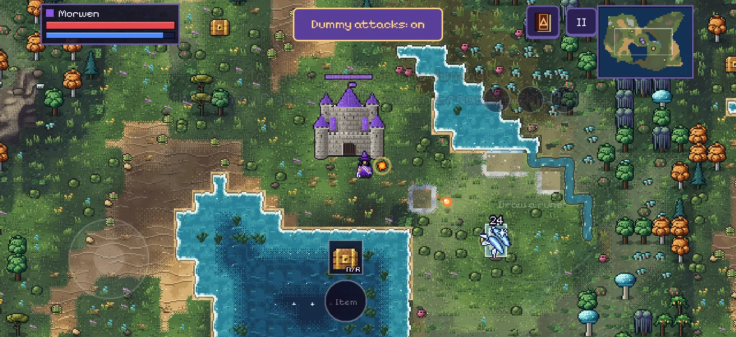 The training arena: Morwen by the violet castle, the dummy on its post throwing an ice shard, and the toggle Dummy attacks: on.