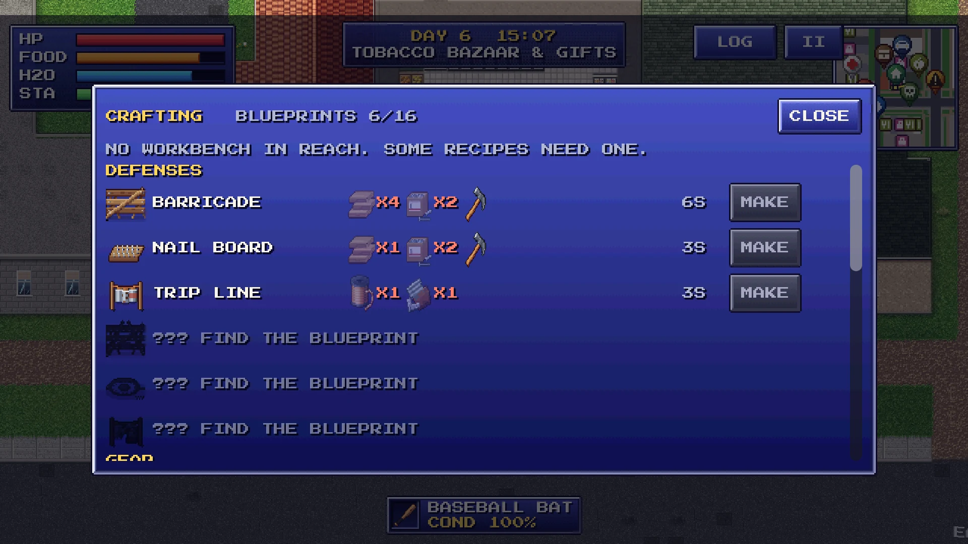The crafting screen, with recipes for a barricade, a nail board and a trip line, and more blueprints still to find.