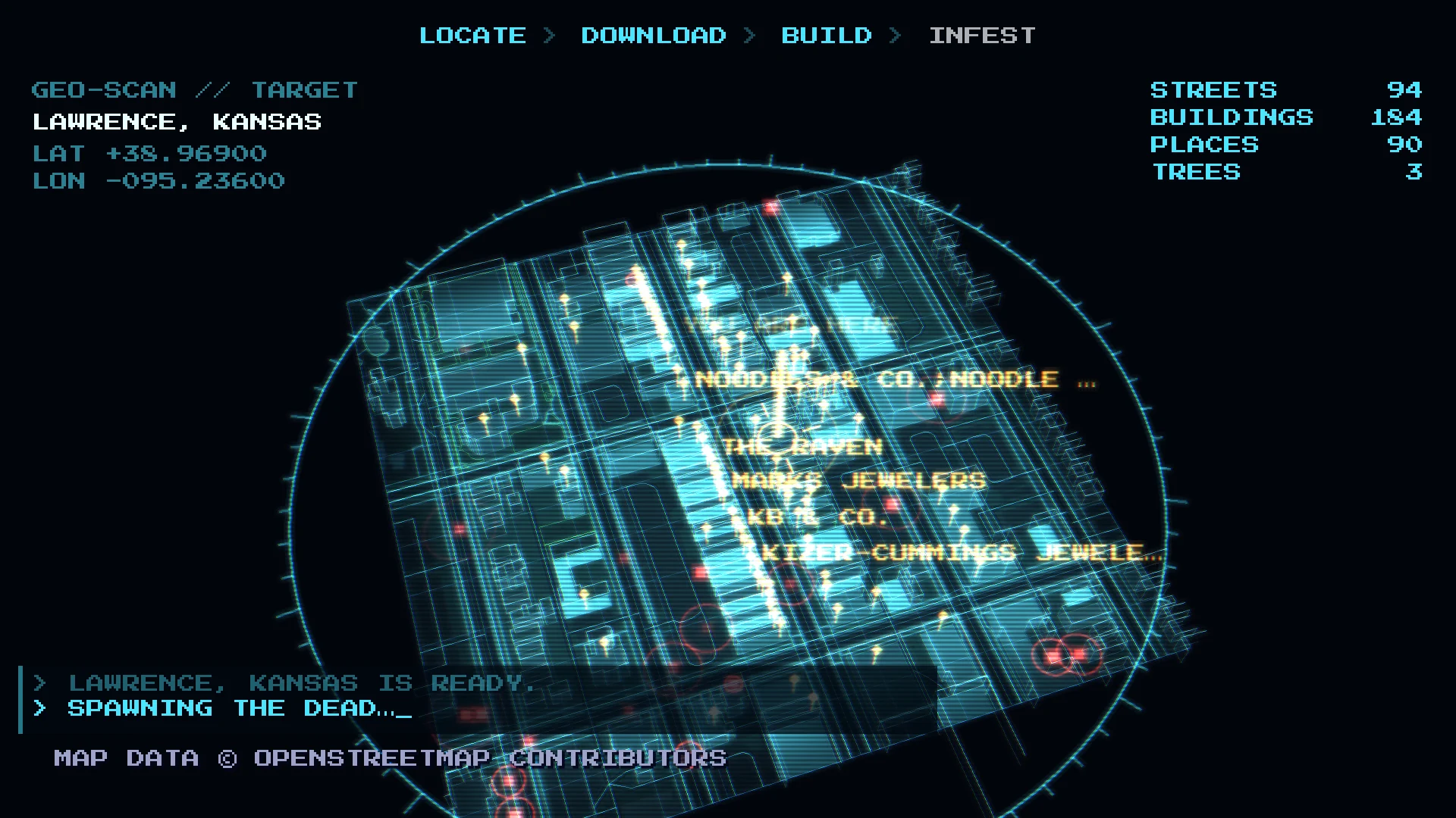 The loading screen: a cyan hologram of downtown Lawrence, Kansas, built from 94 streets, 184 buildings and 90 places.