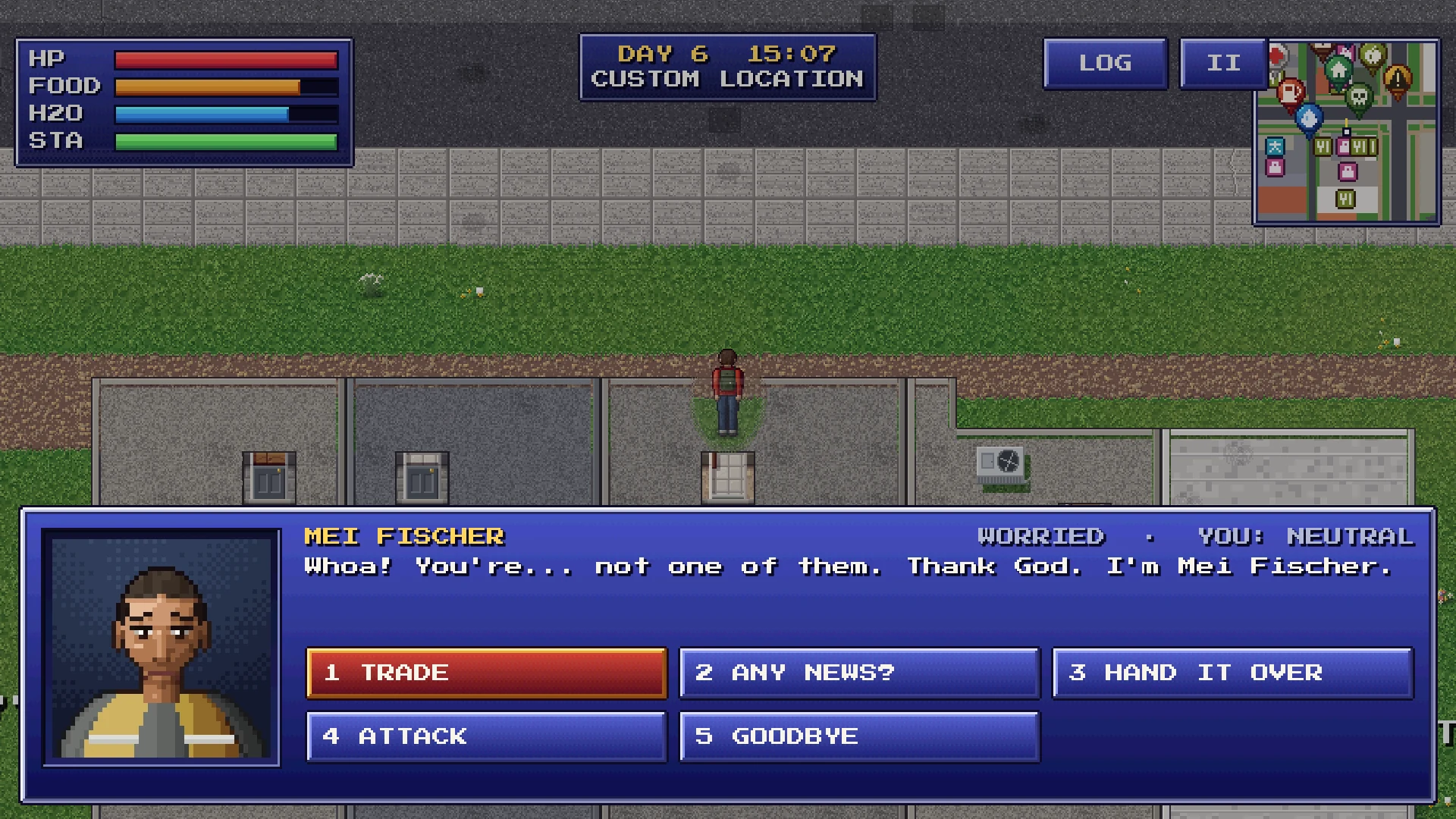 Talking with a survivor, Mei Fischer, with the choices Trade, Any news?, Hand it over, Attack and Goodbye.
