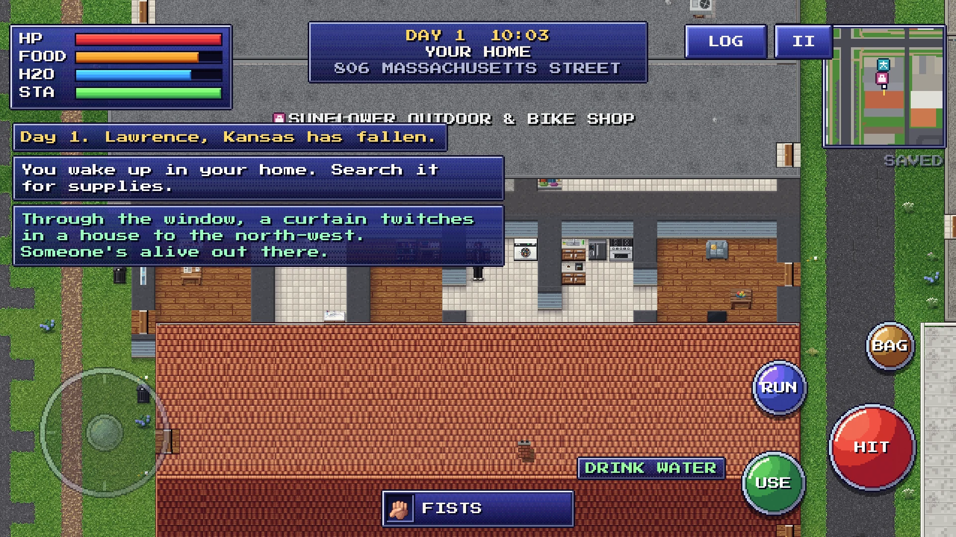 Day 1 at 806 Massachusetts Street: the player stands in their kitchen, told to search the house for supplies.